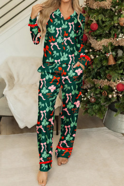 Green Christmas Bow Print Long Sleeve Pajama Set