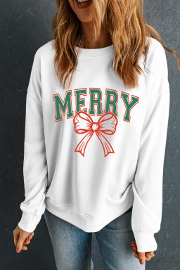 White MERRY Bow Print Heat Transfer Printing Christmas Graphic Sweatshirt