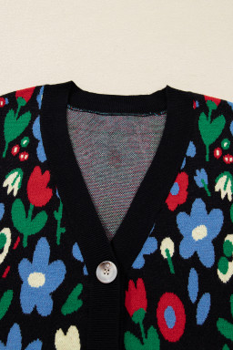 Black Vibrant Floral V Neck Knit Cardigan