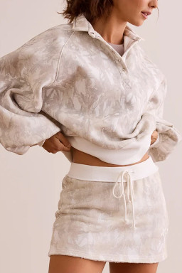 White Abstract Woodland Print Balloon Sleeve Pullover Drawstring Mini Skort Set