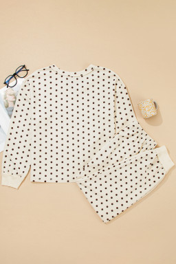 White Polka Dot Print Pullover Drawstring Jogger Pants Pajama Set