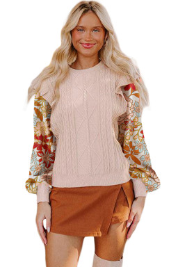 Parchment Cable Knit Ruffle Detail Contrast Floral Sleeve Patchwork Sweater
