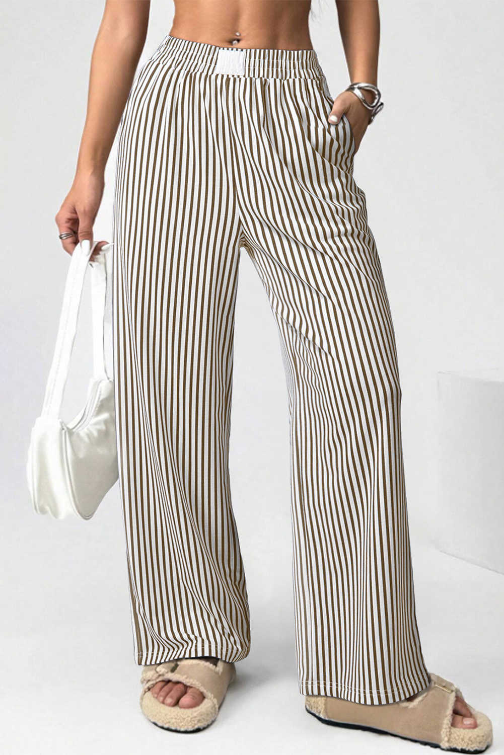Brown Striped Elastic Waistband Pocketed Loose Pants