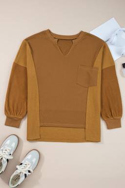 Multicolor Oversized Mixed Textured Split Neck High Low Patchwork Sweatshirt