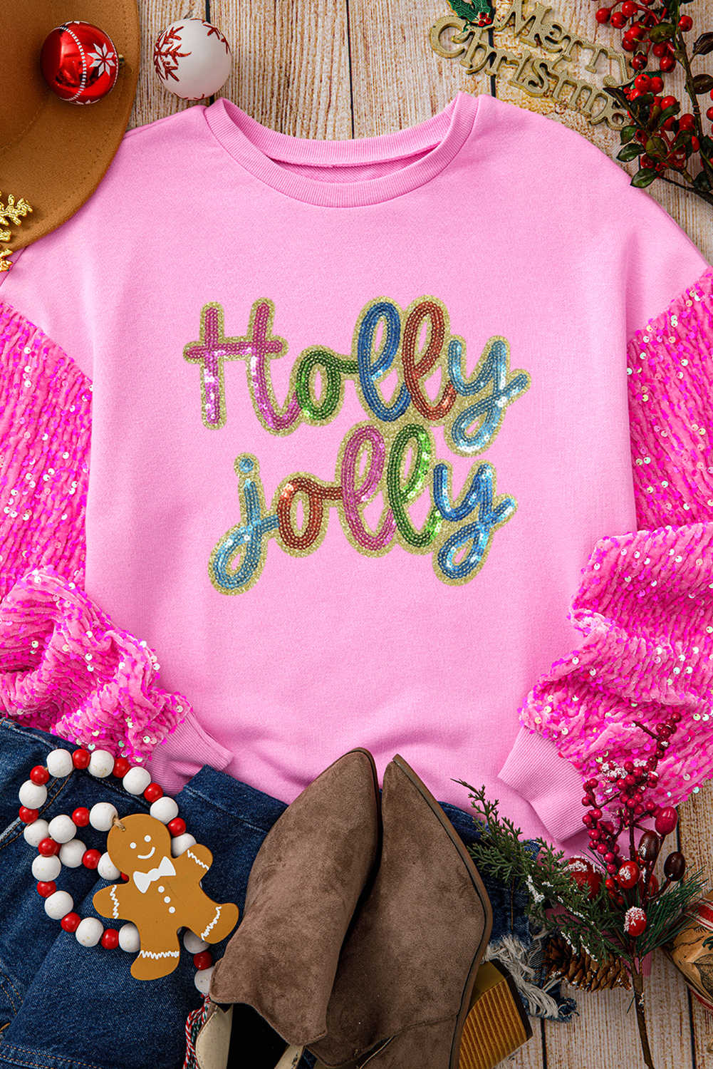 Pink Holly Jolly Letter Sequins Patch Drop Shoulder Patchwork Long Sleeve Top