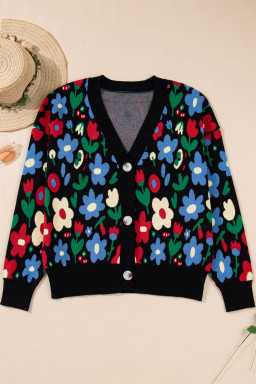 Black Vibrant Floral V Neck Knit Cardigan