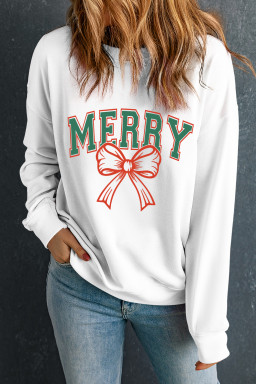 White MERRY Bow Print Heat Transfer Printing Christmas Graphic Sweatshirt