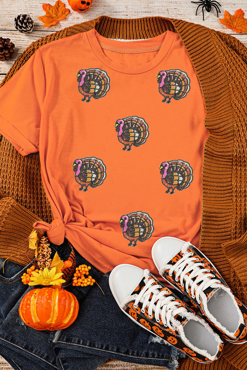 Orange Thanksgiving Turkey Graphic Sequins Patch Casual T Shirt