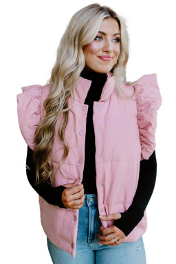 Pink Stand Neck Flutter Sleeve Snap Button Puffer Vest