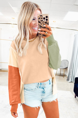Beige Colorblock Patchwork Split Hem Casual Sweatshirt