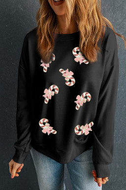 Black Christmas Candy Cane Sequins Patch Baggy Sweatshirt