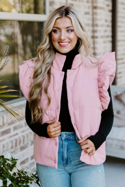 Pink Stand Neck Flutter Sleeve Snap Button Puffer Vest