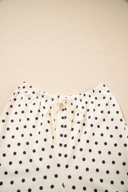 White Polka Dot Print Pullover Drawstring Jogger Pants Pajama Set