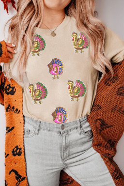 Khaki Thanksgiving Turkey Graphic Sequins Patch Crewneck Tee