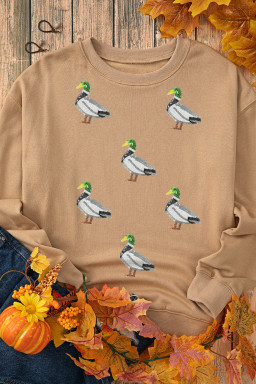 Khaki Sequin Mallard Duck Graphic Sequins Patch Baggy Sweatshirt