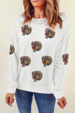 White Thanksgiving Turkey Sequins Patch Pullover Sweatshirt