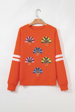 Orange Varsity Striped Sleeve Turkey Graphic Sequins Patch Thanksgiving Sweatshirt