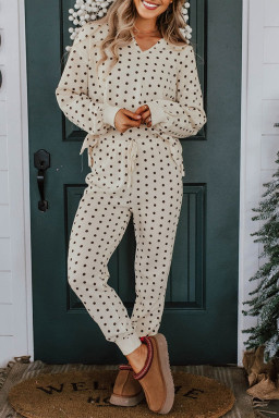 White Polka Dot Print Pullover Drawstring Jogger Pants Pajama Set