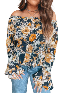 Blue Floral Off Shoulder Bell Sleeve Smocked Peplum Top
