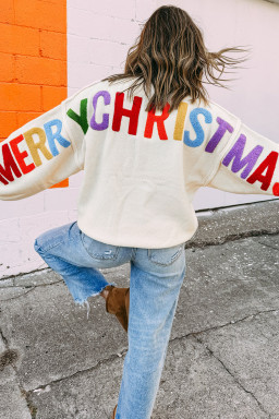 White HOHOHO MERRY CHRISTMAS Chenille Letter Graphic Holiday Sweater