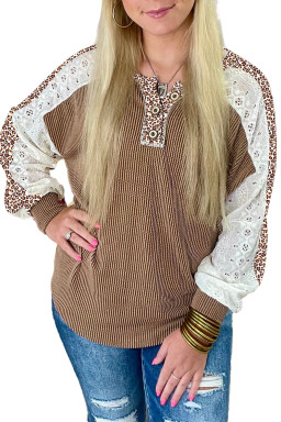 Dark Khaki Texture Patchwork Lace Sleeve Leopard Henley Top