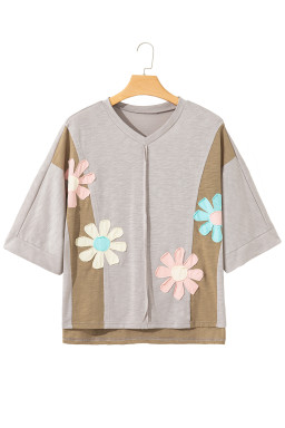 Green Flower Patched Exposed Seam 3/4 Sleeve top