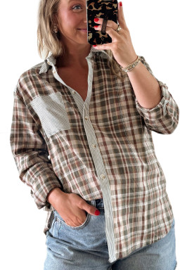 Brown Plaid Striped Patchwork Long Sleeve Shirt