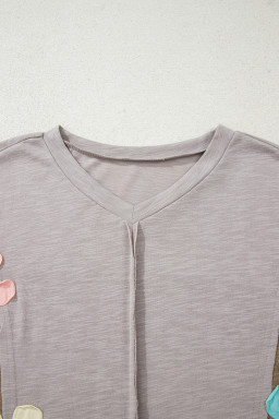 Green Flower Patched Exposed Seam 3/4 Sleeve top