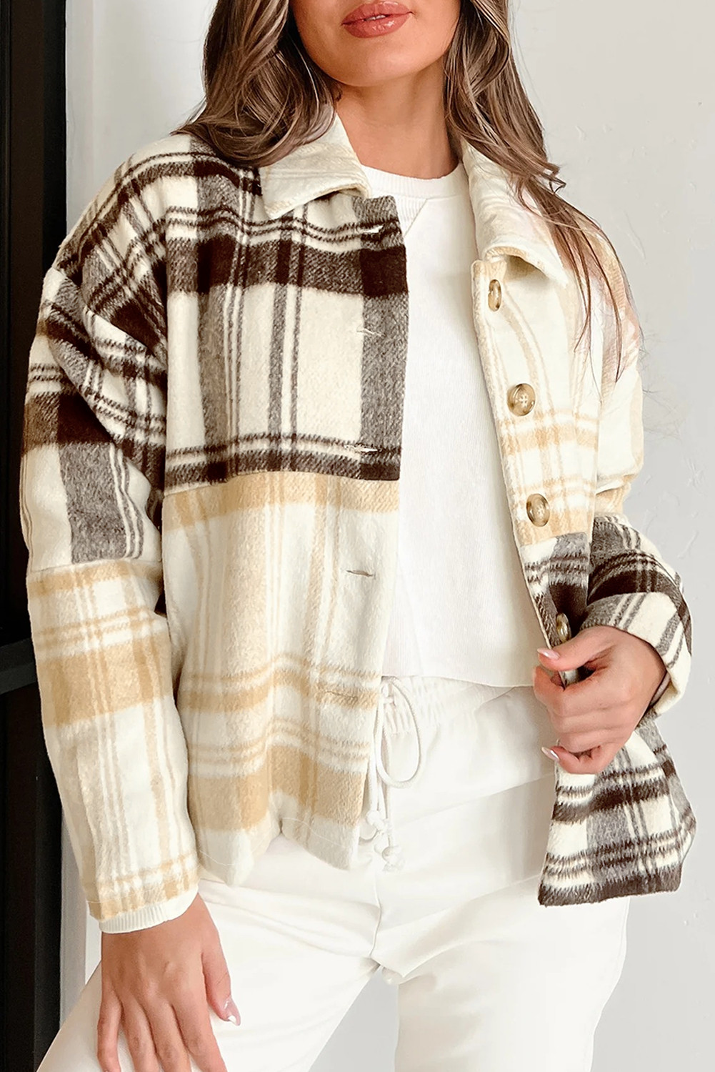 Multicolour Plaid Patchwork Side Pockets Buttoned Jacket