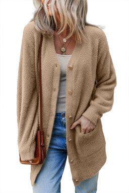 Smoke Gray Fuzzy Buttoned Front Midi Solid Cardigan