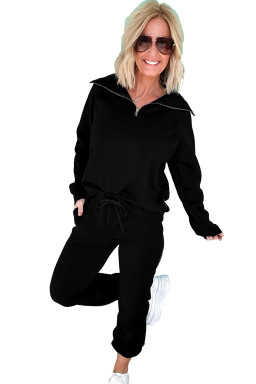 Black Zip Collar Long Sleeve Top Drawstring Pants Set