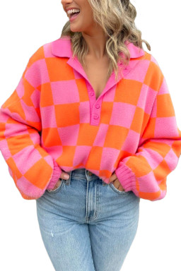 Sachet Pink Checkered Colorblock Long Sleeve Pullover Sweater