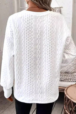 White Plain V-Neck Oversized Long Sleeve Textured Top
