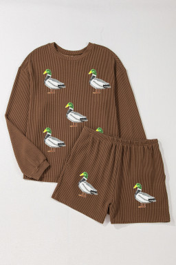 Chestnut Twisted Ribbed Mallard Duck Sequins Patch Long Sleeve Top and Short Set