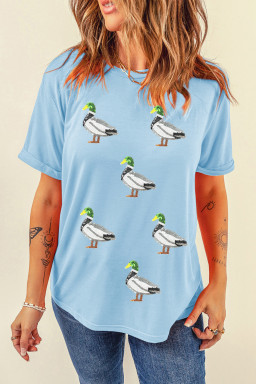 Light Blue Mallard Duck Graphic Sequins Patch Casual Tee