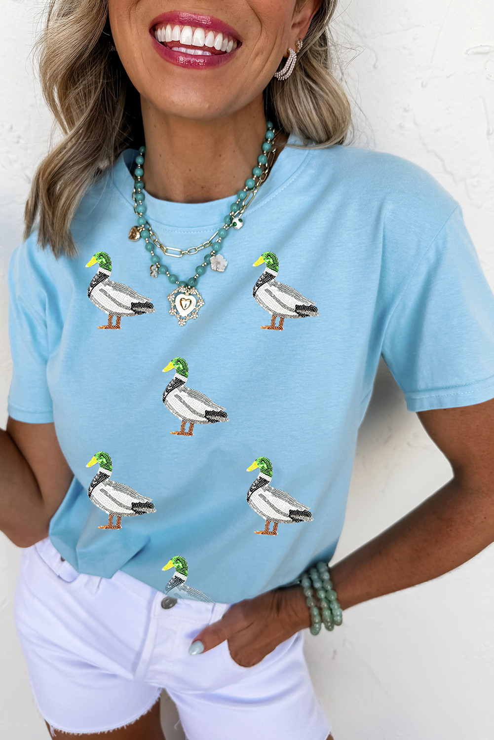 Light Blue Mallard Duck Graphic Sequins Patch Casual Tee