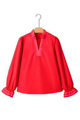 Fiery Red Striped Trim Ruffle Split Neck Long Sleeve Blouse