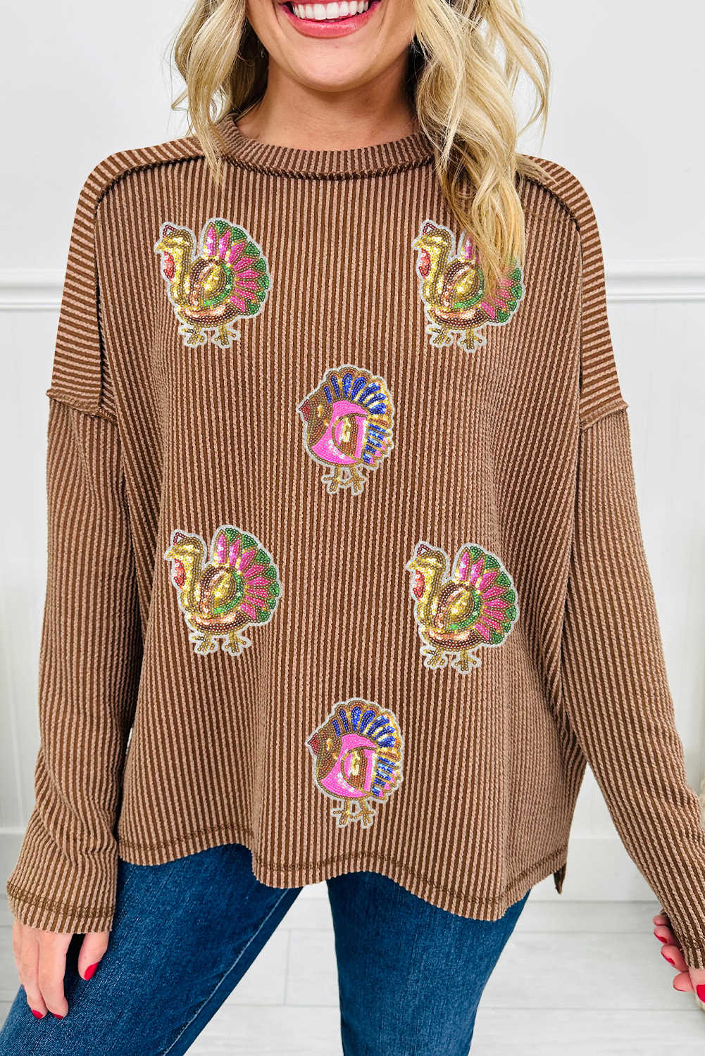 Dark Khaki Thanksgiving Twisted Ribbed Turkey Sequins Patch Exposed Seam Drop Shoulder Top