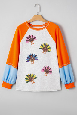 Light Grey Thanksgiving Turkey Graphic Sequins Patch Color Block Raglan Sleeve Top