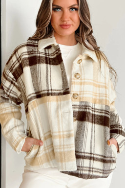 Multicolour Plaid Patchwork Side Pockets Buttoned Jacket