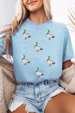 Light Blue Mallard Duck Graphic Sequins Patch Casual Tee