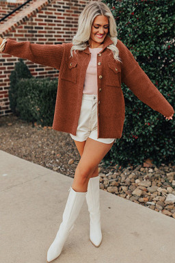 Red Sandalwood Ribbed Knit Buttons Front Flap Pocket Casual Shacket