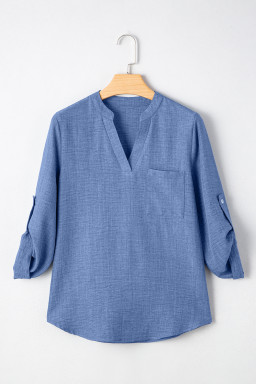 Ashleigh Blue Chest Pocket V Neck Plain Roll-up Sleeve Blouse