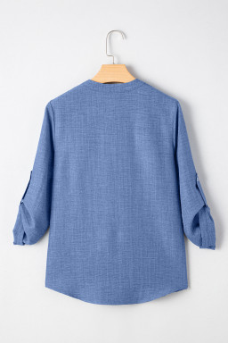Ashleigh Blue Chest Pocket V Neck Plain Roll-up Sleeve Blouse