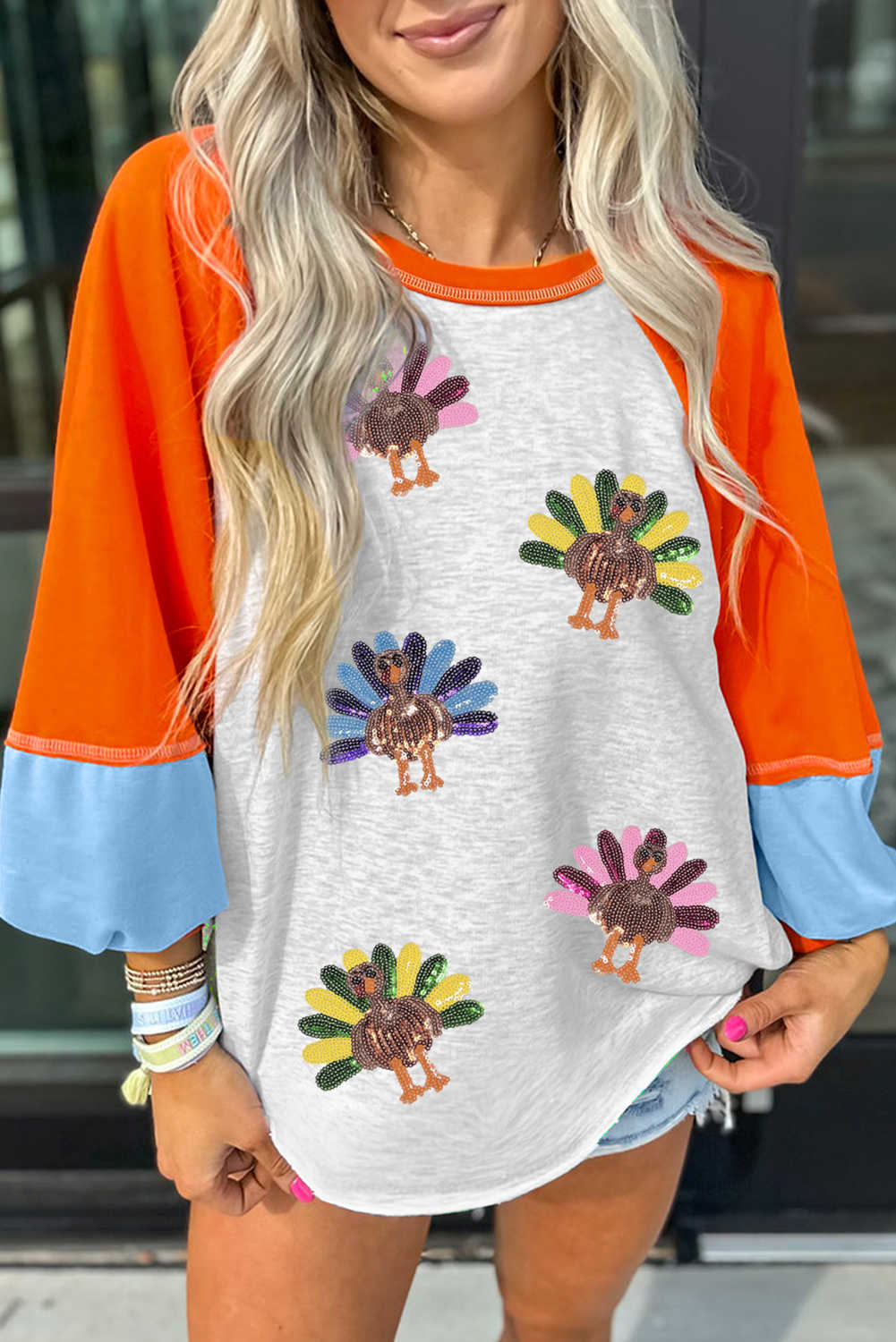 Light Grey Thanksgiving Turkey Graphic Sequins Patch Color Block Raglan Sleeve Top