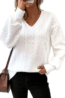White Plain V-Neck Oversized Long Sleeve Textured Top