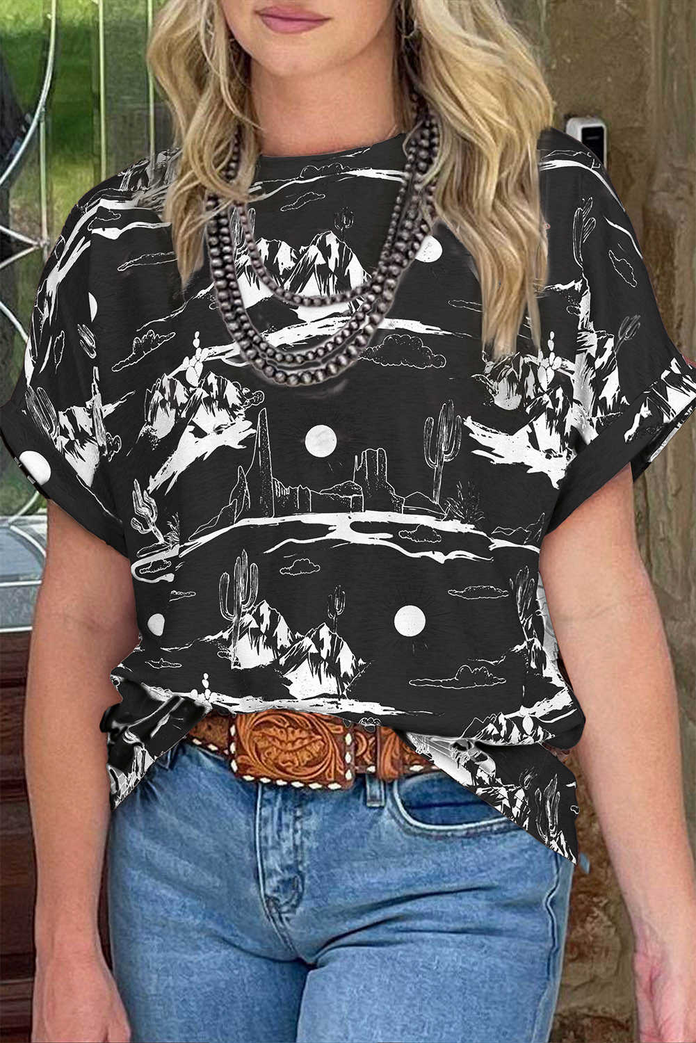 Black Summer Desert Sand Print Short Sleeve Tee