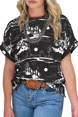 Black Summer Desert Sand Print Short Sleeve Tee
