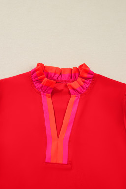 Fiery Red Striped Trim Ruffle Split Neck Long Sleeve Blouse
