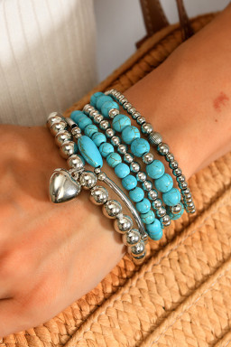 Silvery Heart Pendant Turquoise Beaded Bracelet Set